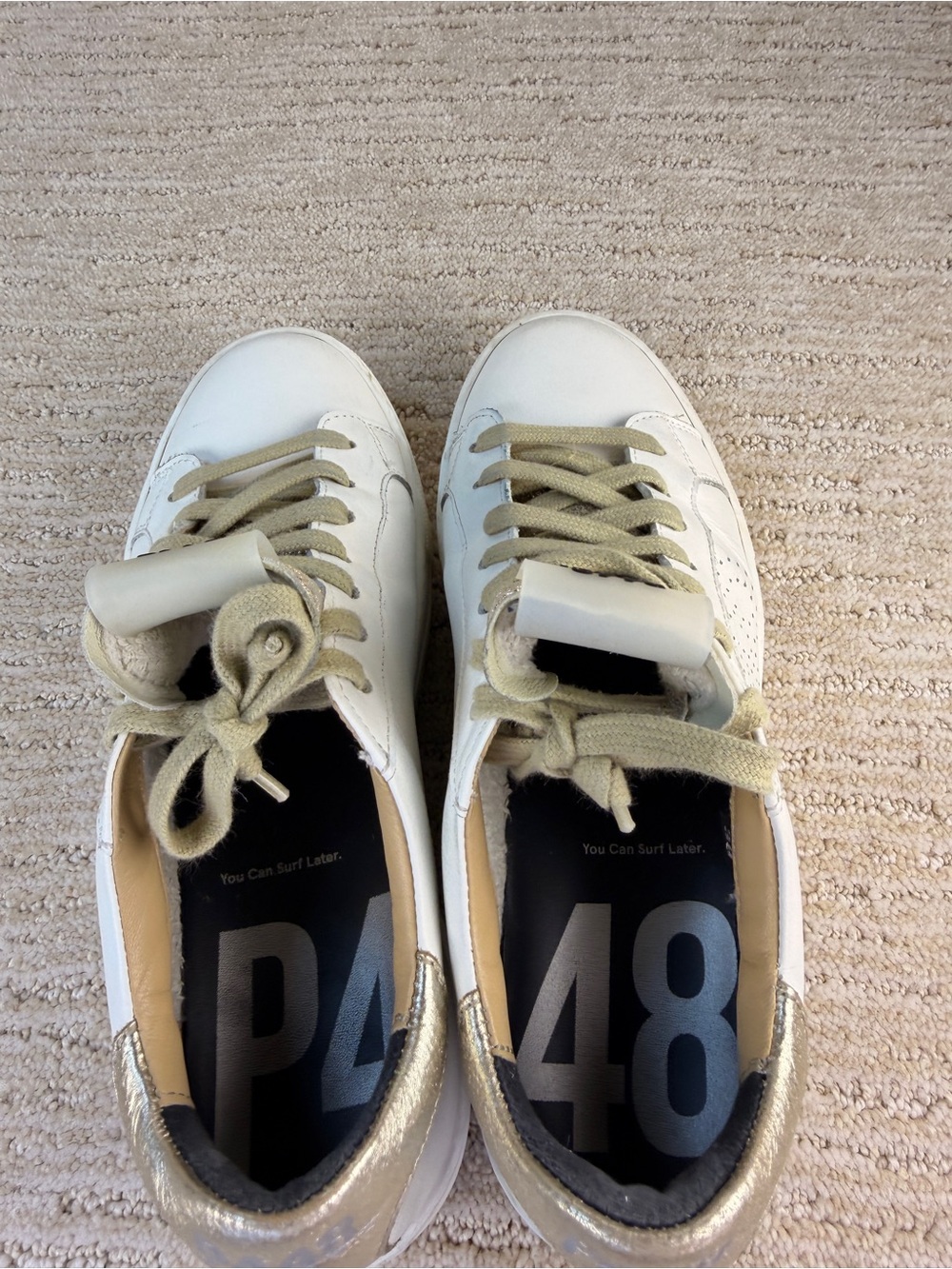 P448 Thea Women’s Low Leather Platform Sneakers White/Gold Metallic Heel/Tongue - Picture 5 of 13